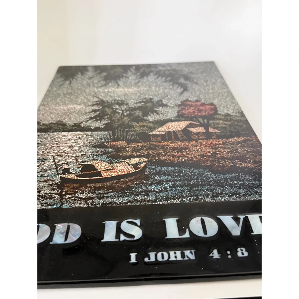 Vtg God Is Love 1 John 4:8 Vietnamese Lacquer Mother of Pearl Inlay Wall Art